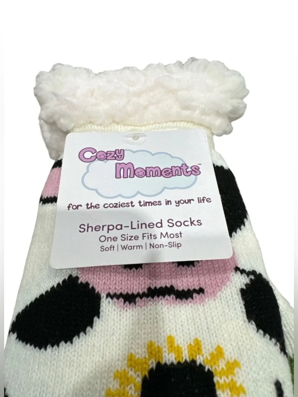 Kids Cow Print Fuzzy Cuff Socks in White, Black & Pink